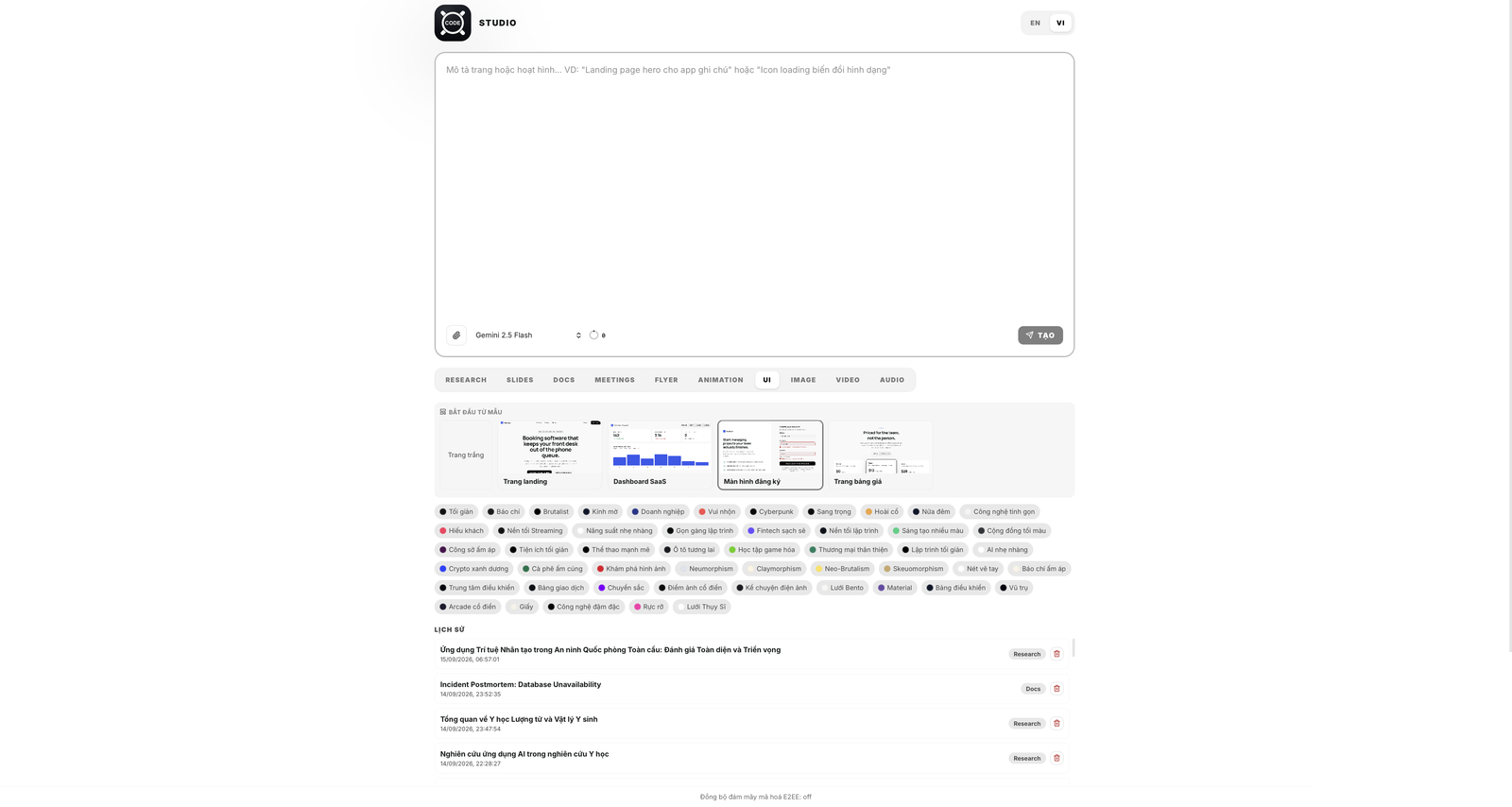 Màn hình công cụ UI trong Studio với các mẫu landing page, dashboard, màn đăng ký, trang bảng giá