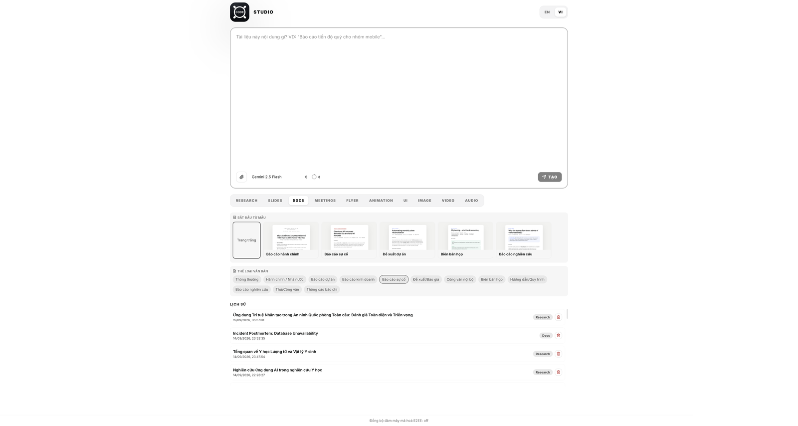 Màn hình Docs trong Studio với các mẫu tài liệu: báo cáo hành chính, báo cáo sự cố, đề xuất dự án, biên bản họp