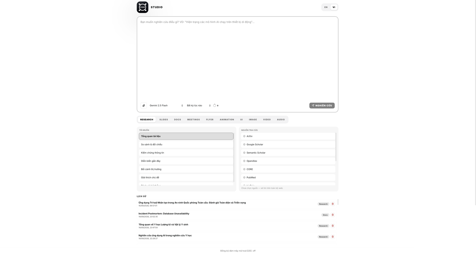 Màn hình Research trong Studio: chọn mục tiêu nghiên cứu và nguồn tra cứu học thuật